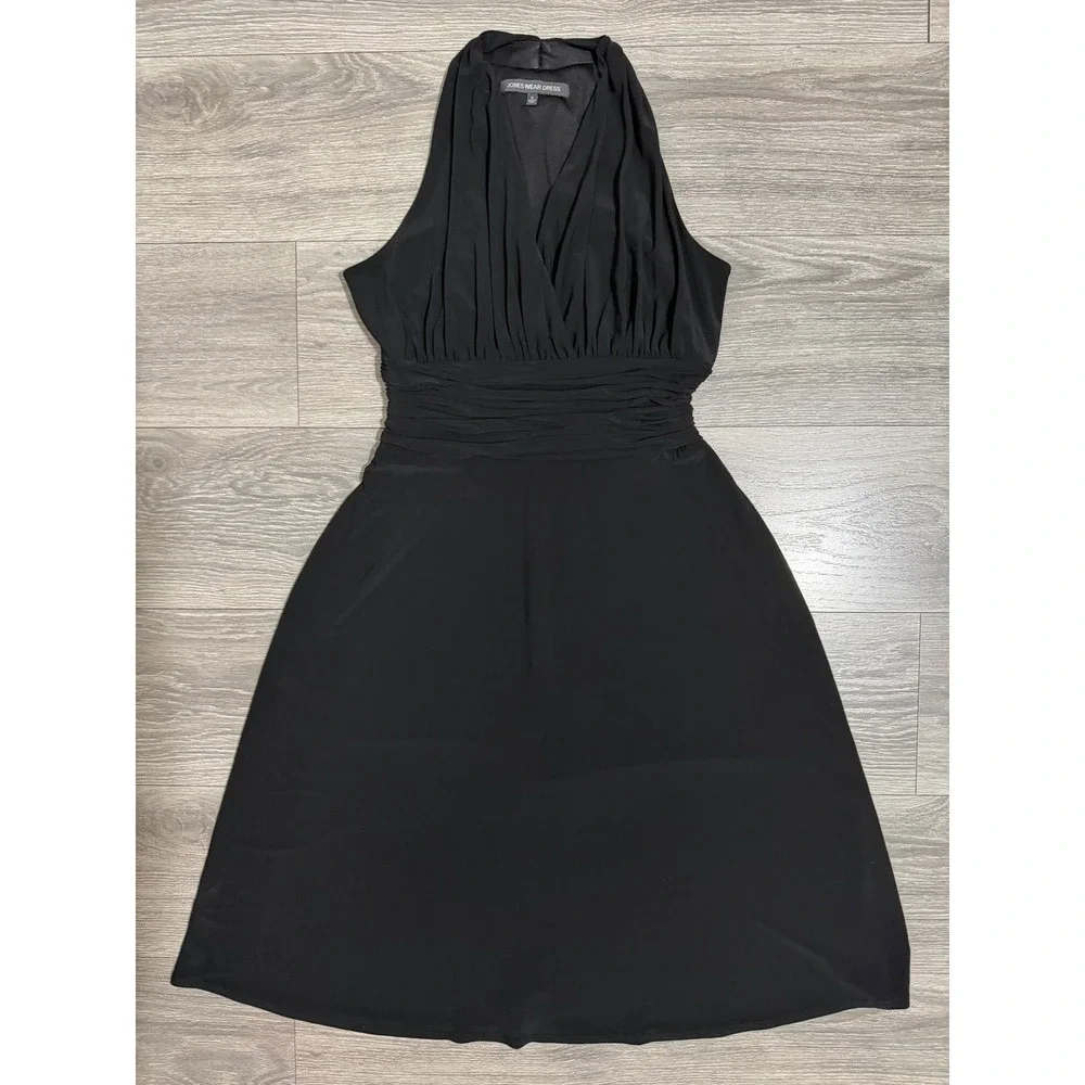 Jones Wear Babydoll Dress Size 8 Black Halter Midi Ruched Waist Marilyn Monroee